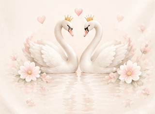 Elegant crowned swans with flowers