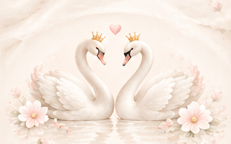 Elegant crowned swans with flowers